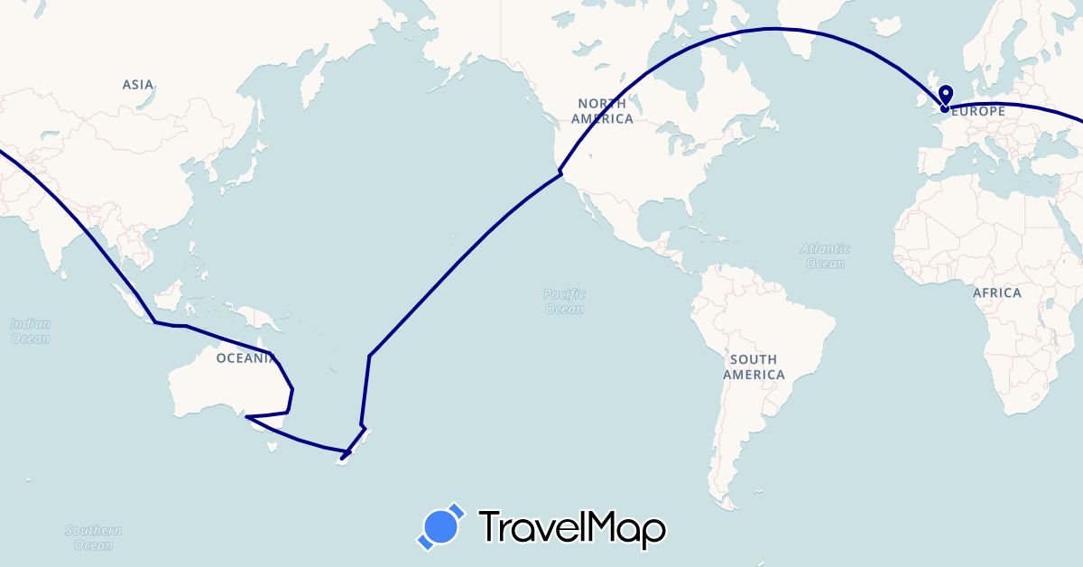 TravelMap itinerary: driving in Australia, Fiji, United Kingdom, Indonesia, New Zealand, Singapore, United States (Asia, Europe, North America, Oceania)